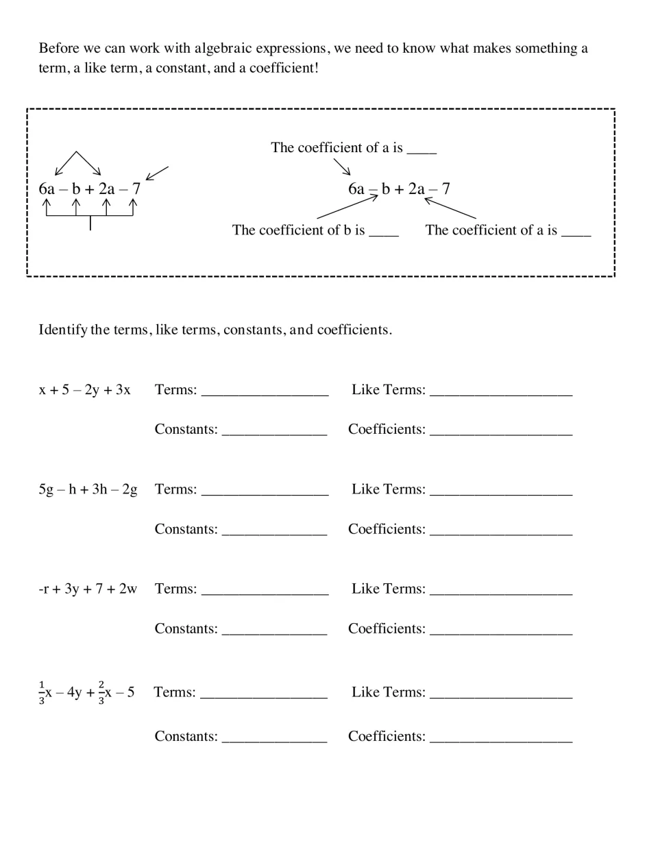 Labeling expression parts: students identify terms, like terms, constants and coefficients in four practice expressions