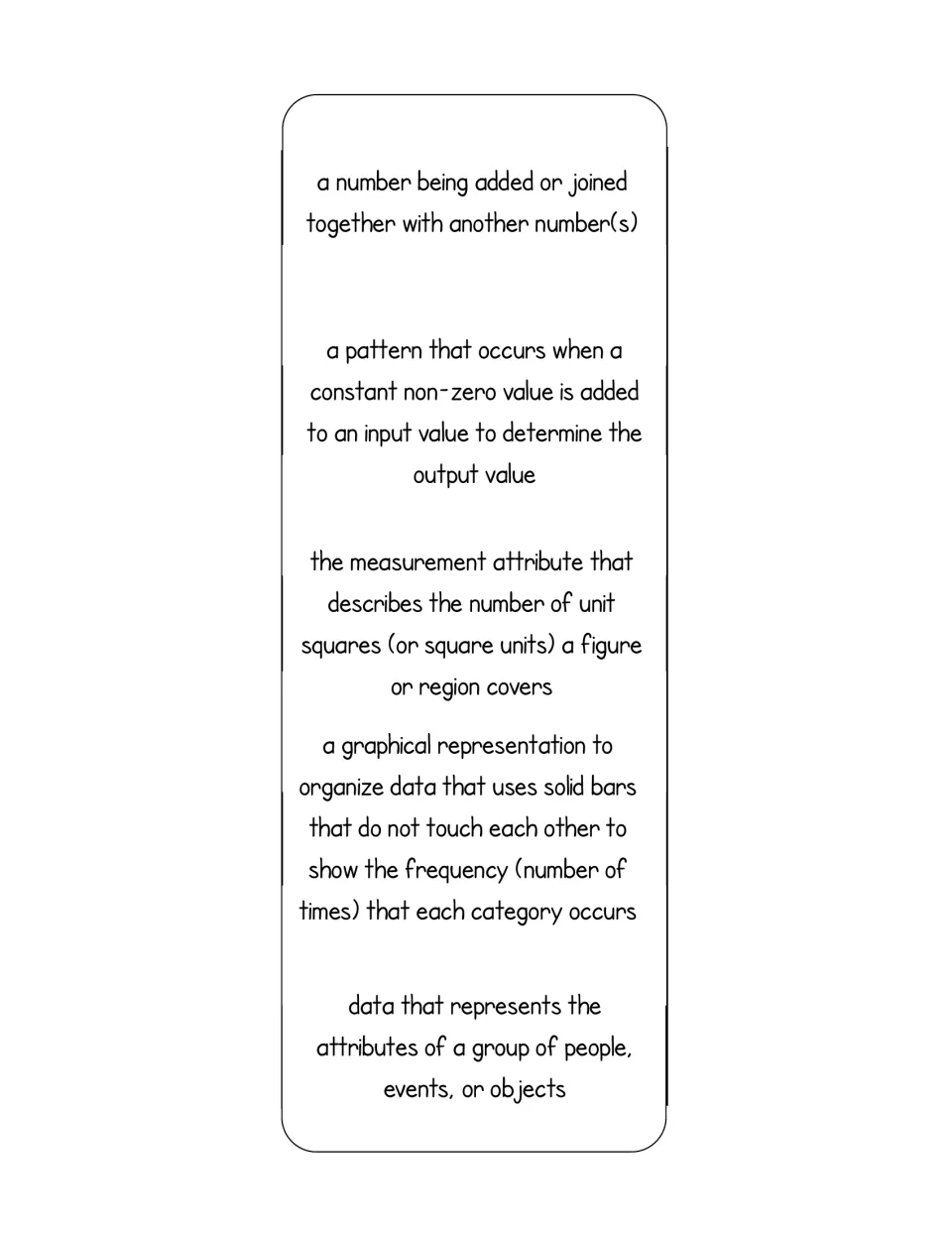 Definitions strip for addend through categorical data, cut out and glued inside the words foldable as a complete reference