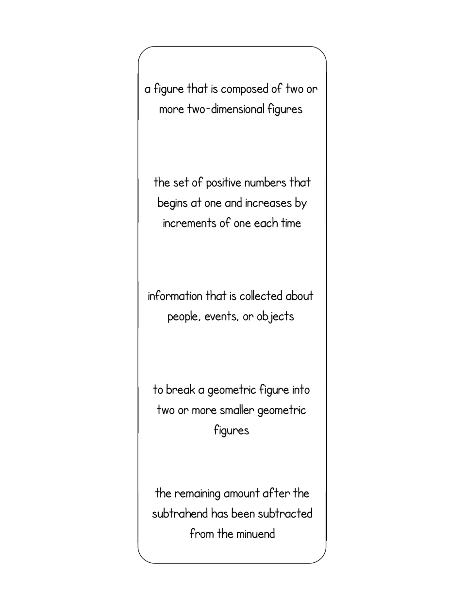 Definitions strip for composite figure through difference, glued inside the page 8 words foldable to build a reference