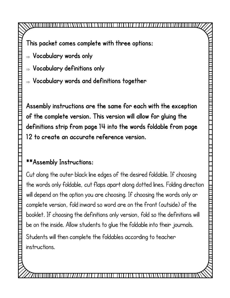 Assembly guide for the next foldable: three version options, gluing the page 14 definitions strip into the page 12 words