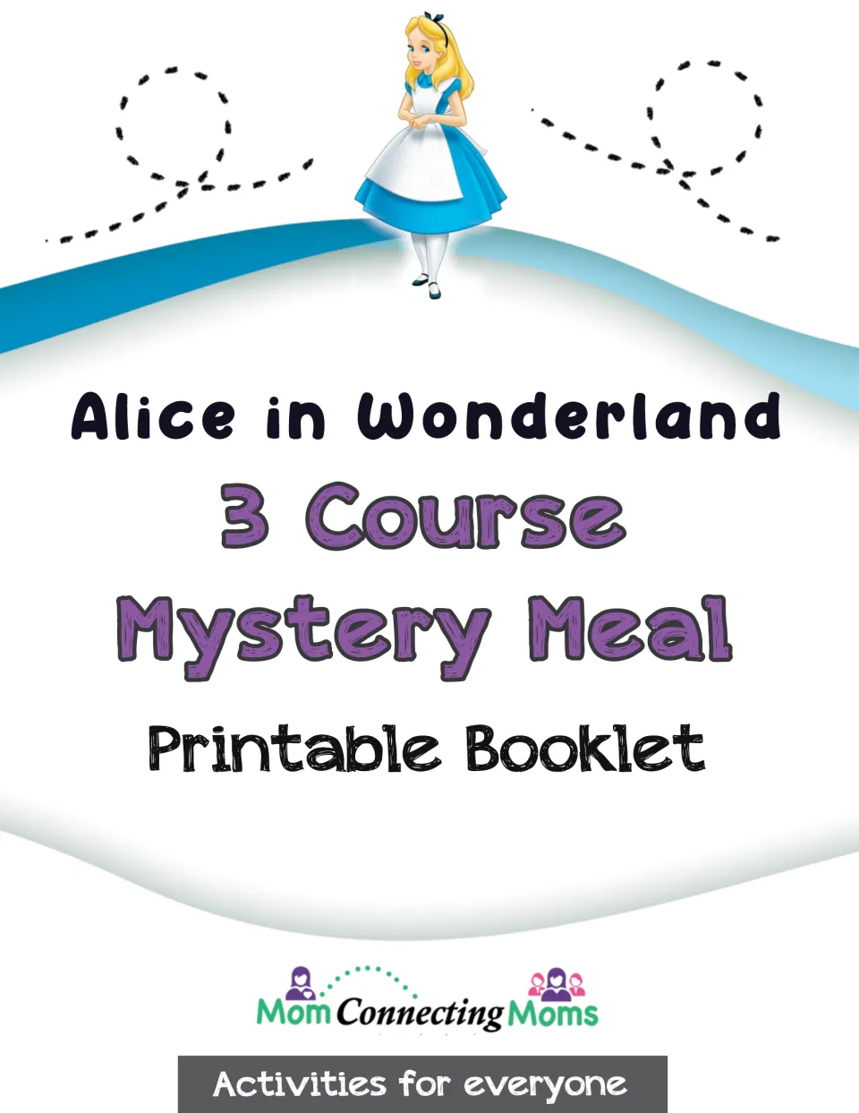 Cover of an Alice in Wonderland three-course mystery meal booklet with printable menus and party ideas