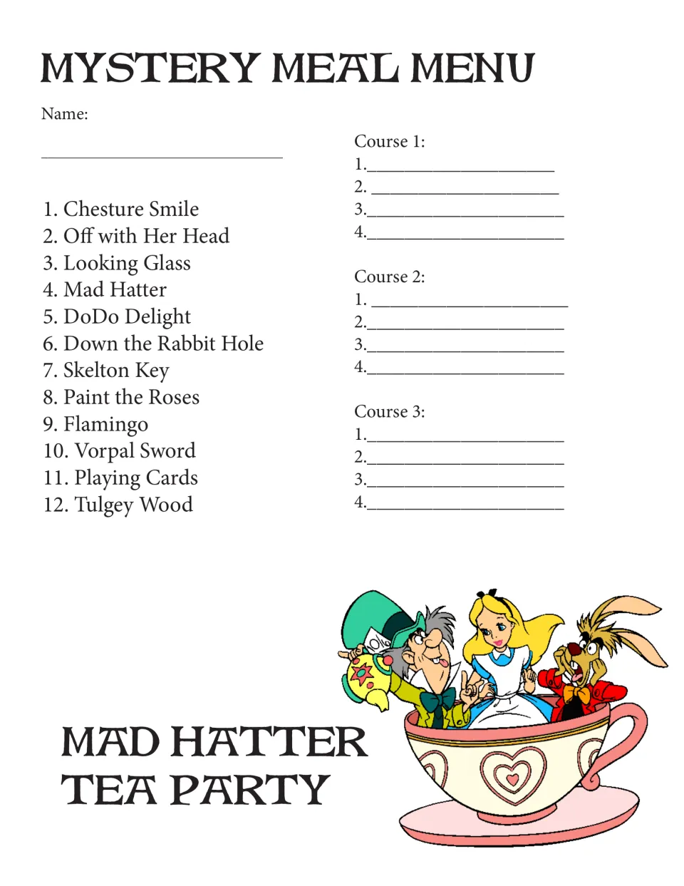 Mystery meal order form lists 12 themed choices for guests to divide into three courses of four items