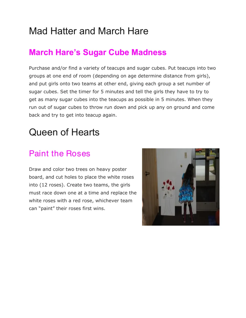 Party game instructions cover a timed sugar cube toss into teacups and a relay replacing white roses with red