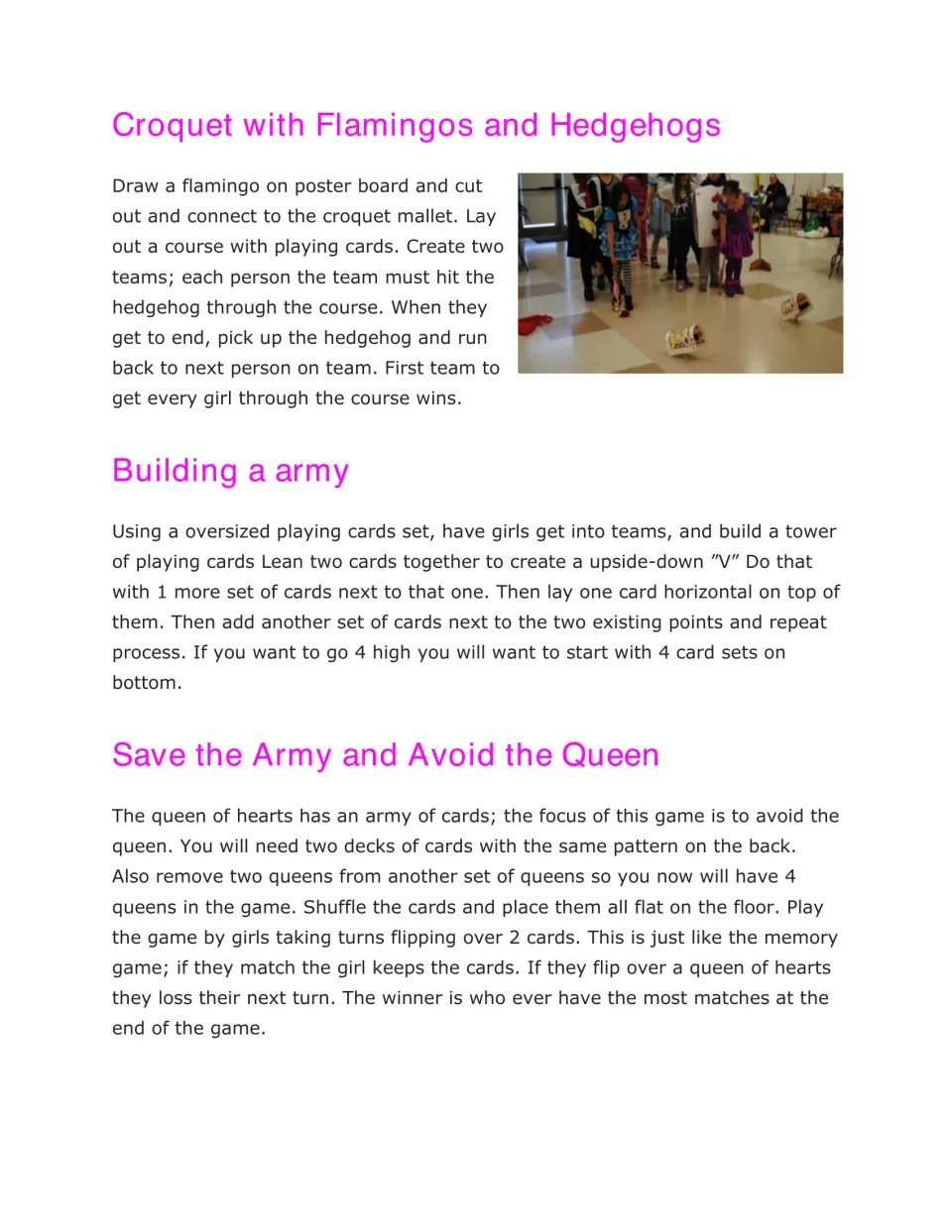 Party games include flamingo croquet, building playing-card towers, and a memory game avoiding the queen