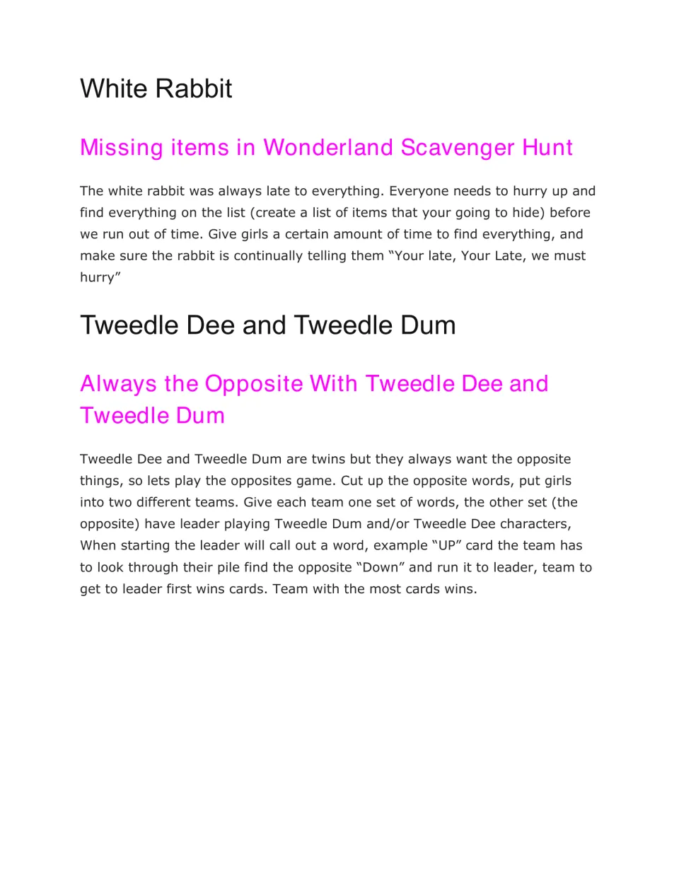 Party game instructions explain a timed White Rabbit scavenger hunt and a Tweedle Dee and Dum opposites race