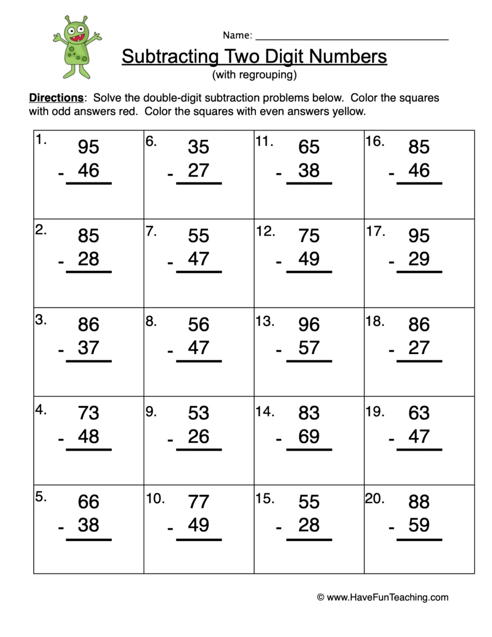 Subtracting two-digit numbers with regrouping: students solve 20 problems, then color odd answers red and even yellow
