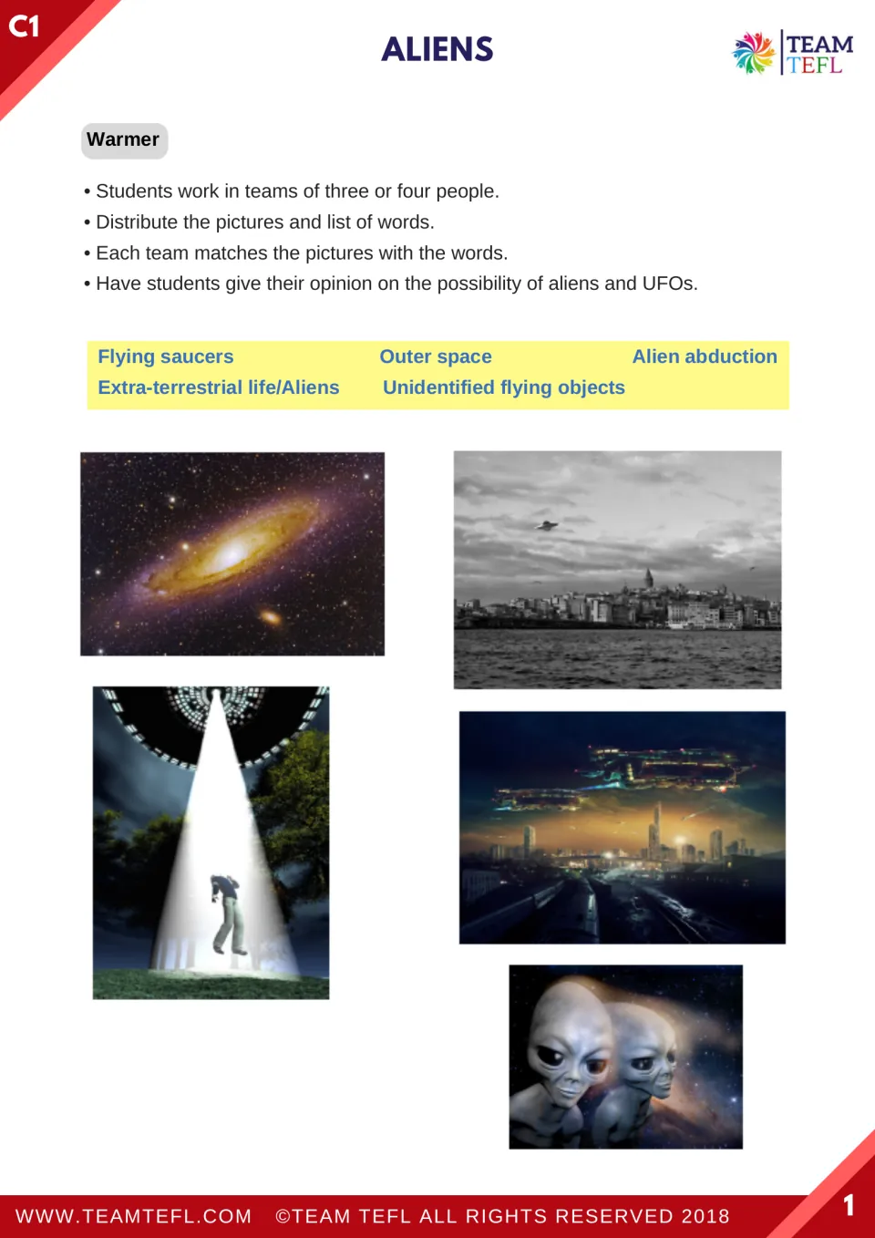 Lesson warm-up: teams match five pictures to terms including flying saucers, outer space, and alien abduction
