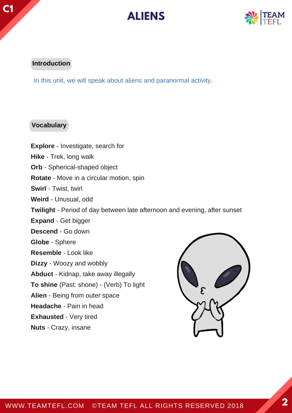 Lesson introduction and 18 vocabulary definitions, including explore, orb, twilight, abduct, and exhausted