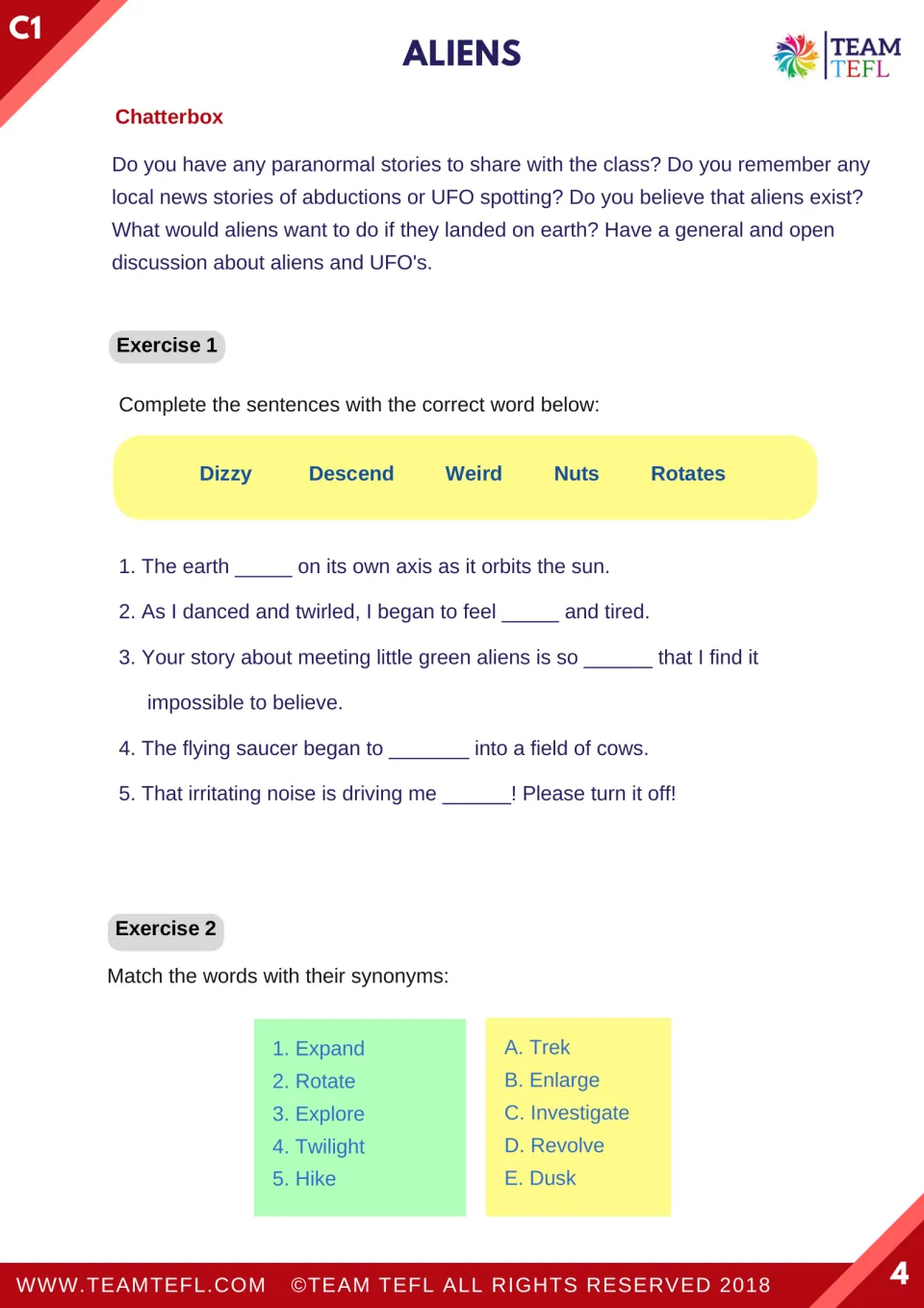 Vocabulary exercises 1–2: complete five sentences and match five synonyms after discussing aliens and UFOs