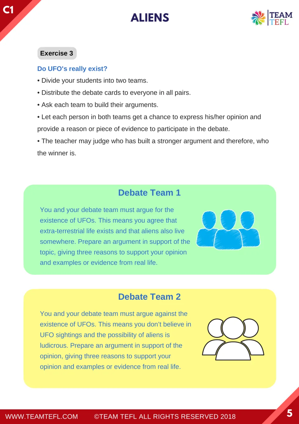 Speaking exercise 3: two debate team cards assign arguments for and against UFOs, each requiring three reasons