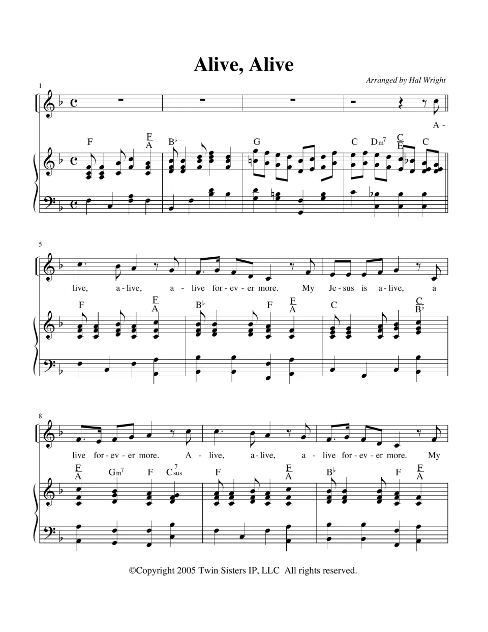 Alive, Alive arranged by Hal Wright: vocal melody with lyrics above a piano part with chord symbols, measures 1 to 10