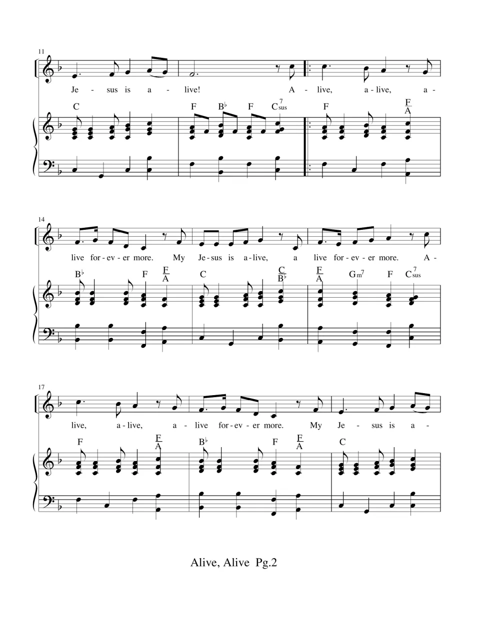 Measures 11 to 19 of the vocal and piano score, with a repeat sign at measure 13 and chord symbols above the accompaniment