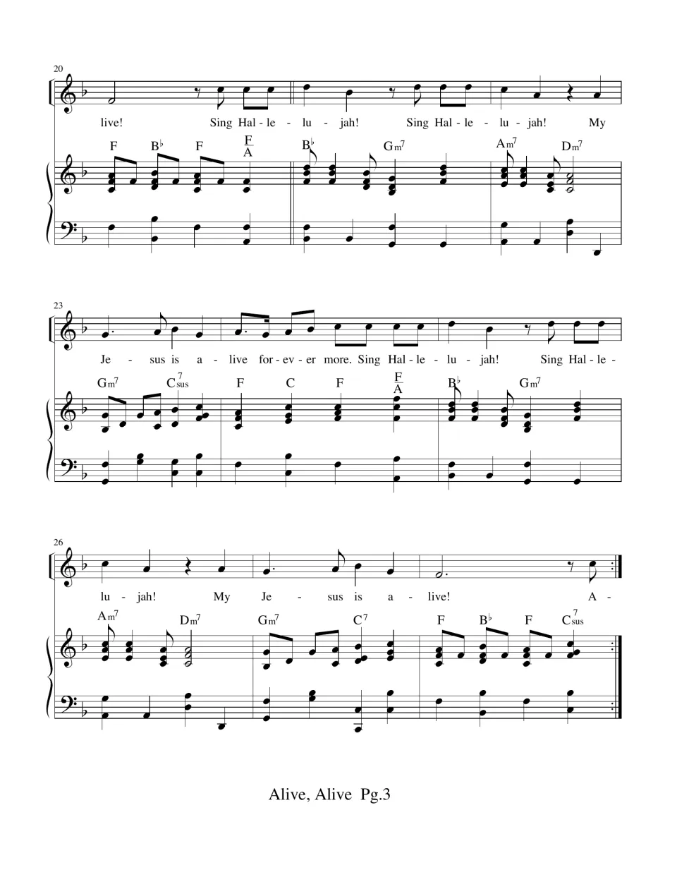 Measures 20 to 28: the Sing Hallelujah section with vocal line, lyrics and piano chords, ending at a repeat sign