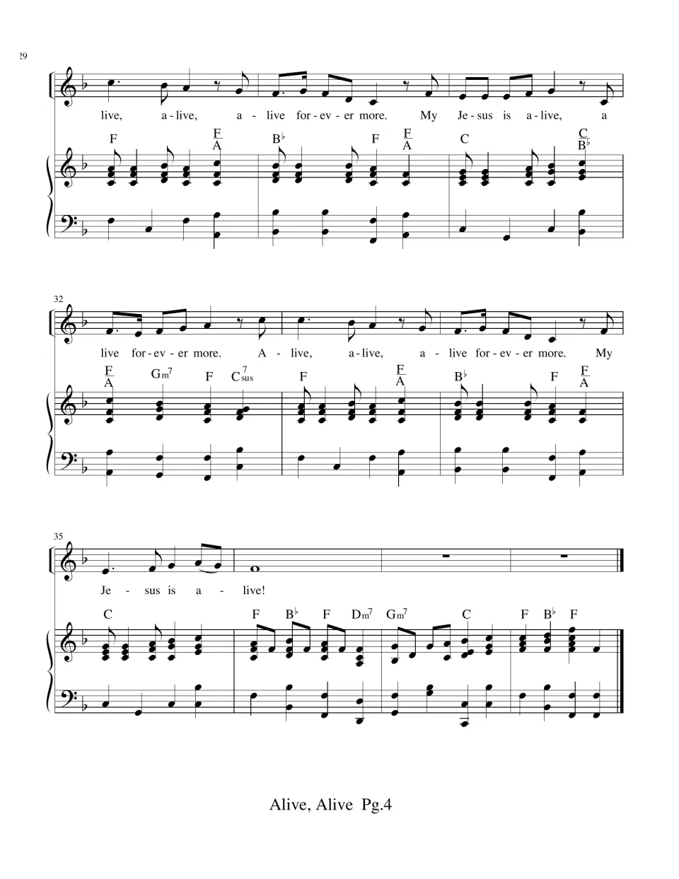 Final page, measures 29 to 38: last chorus of the vocal line over piano chords, closing with a short piano ending