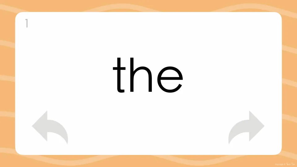 Flash card 1 shows the word 'the' for students to read aloud and pronounce, with back and next arrows