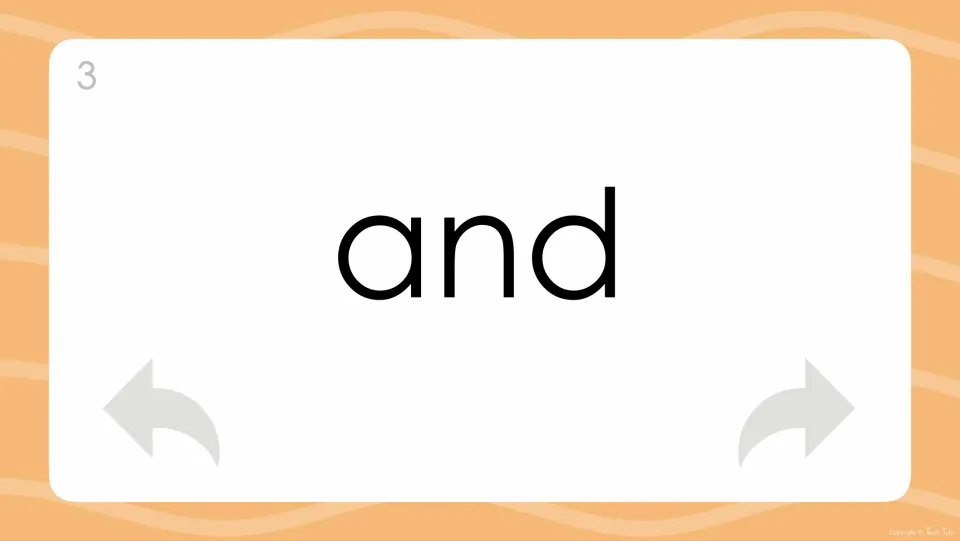 Card 3 presents 'and' in large print so a learner can recognise the word on sight and say it with correct pronunciation