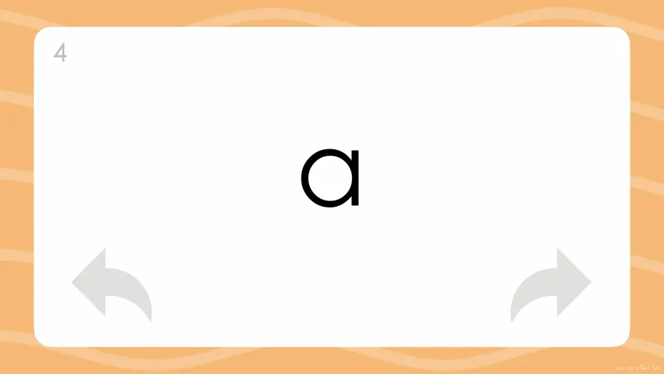Card number 4 shows the single-letter word 'a' for instant word recognition practice; arrows step back or forward