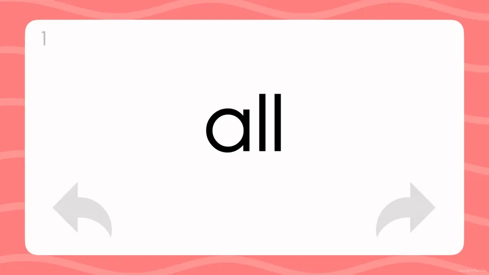 Flash card 1 shows the Dolch word "all" in large print; the student reads it aloud, then clicks the arrow to move on