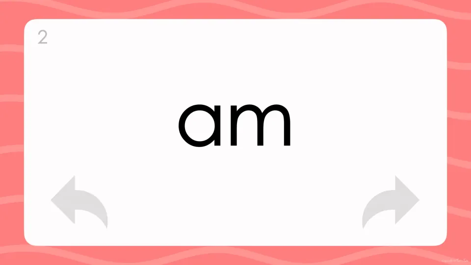 Flash card 2 displays the primer word "am" for the learner to recognise on sight and pronounce correctly out loud