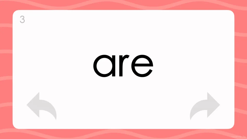 Flash card 3 presents "are", an irregular word students must read by sight rather than sound out, then say aloud