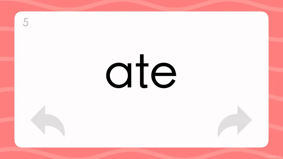 Flash card 5 shows "ate" so the reader can say it aloud and notice how it differs from the previous card's word "at"
