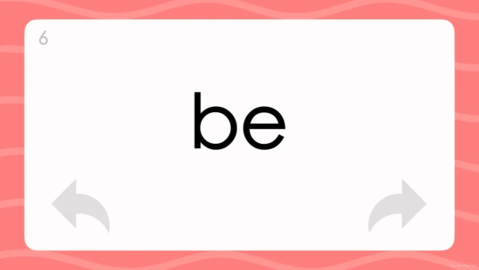 Flash card 6 displays the word "be" centred in large letters for automatic word recognition and spoken reading practice