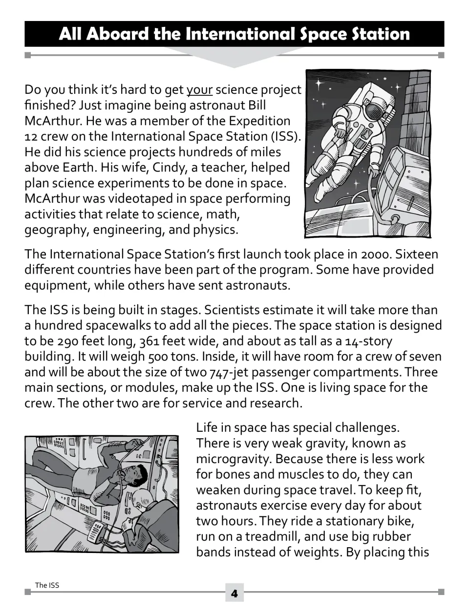 Nonfiction article part 1: astronaut Bill McArthur, the ISS's 2000 launch, 16 countries, and microgravity effects
