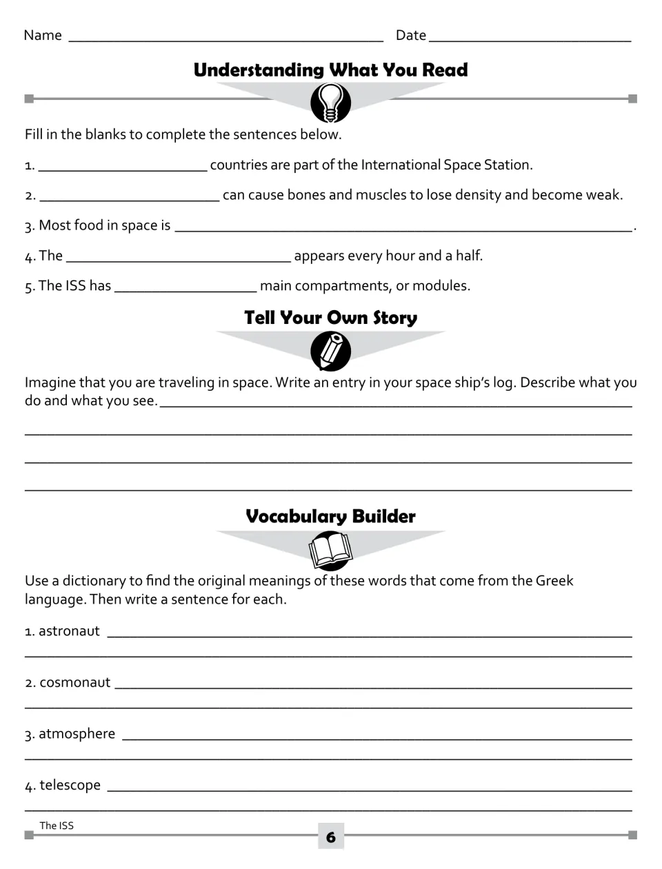 Fill-in-the-blank article questions, a space ship's log writing prompt, and 4 Greek-origin words like astronaut