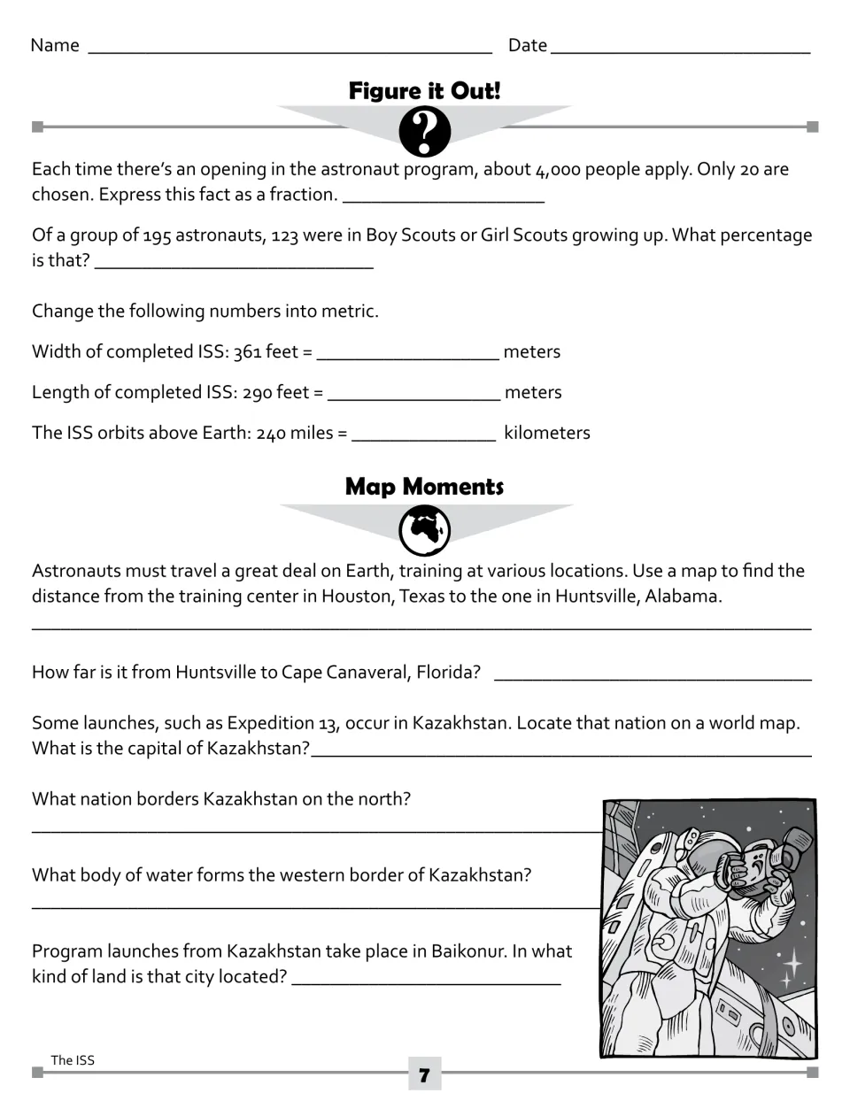 Math and map practice: fraction and percent problems, converting ISS size to metric, and Kazakhstan map questions