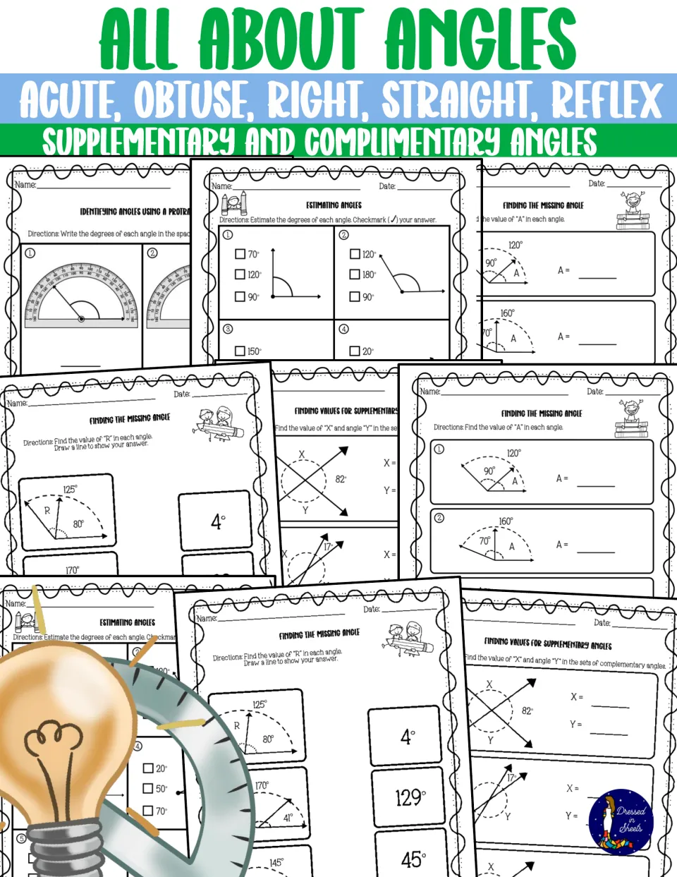 All About Angles cover: worksheets on acute, obtuse, right, straight and reflex angles and supplementary angle pairs