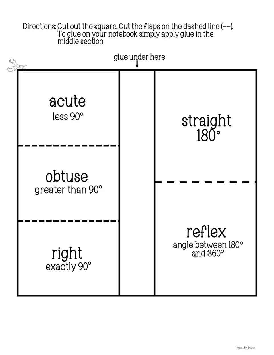 Angle types foldable: students cut flaps for acute, obtuse, right, straight and reflex, each with its degree range