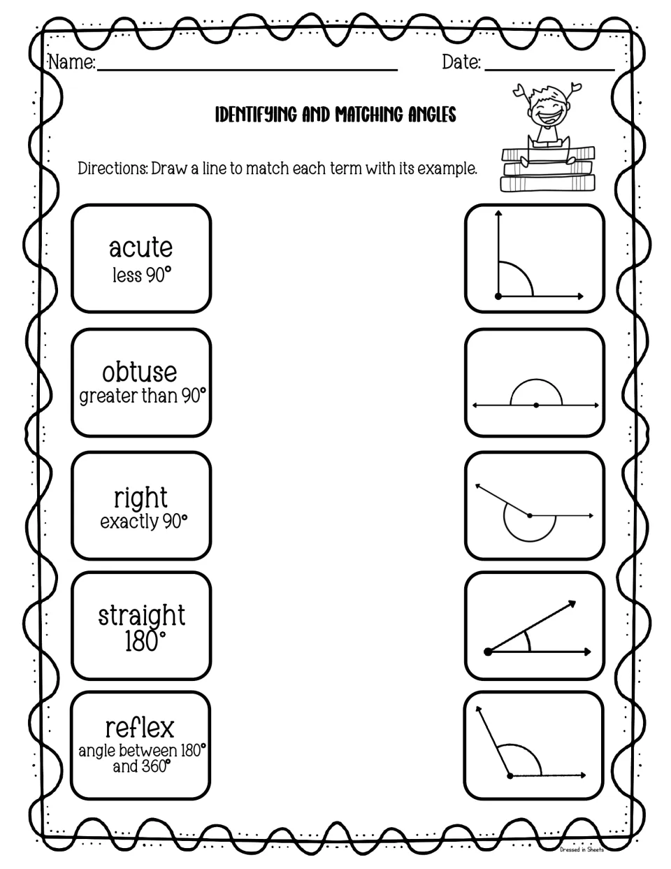 Identifying and matching angles: students draw lines matching acute, obtuse, right, straight and reflex to angle drawings