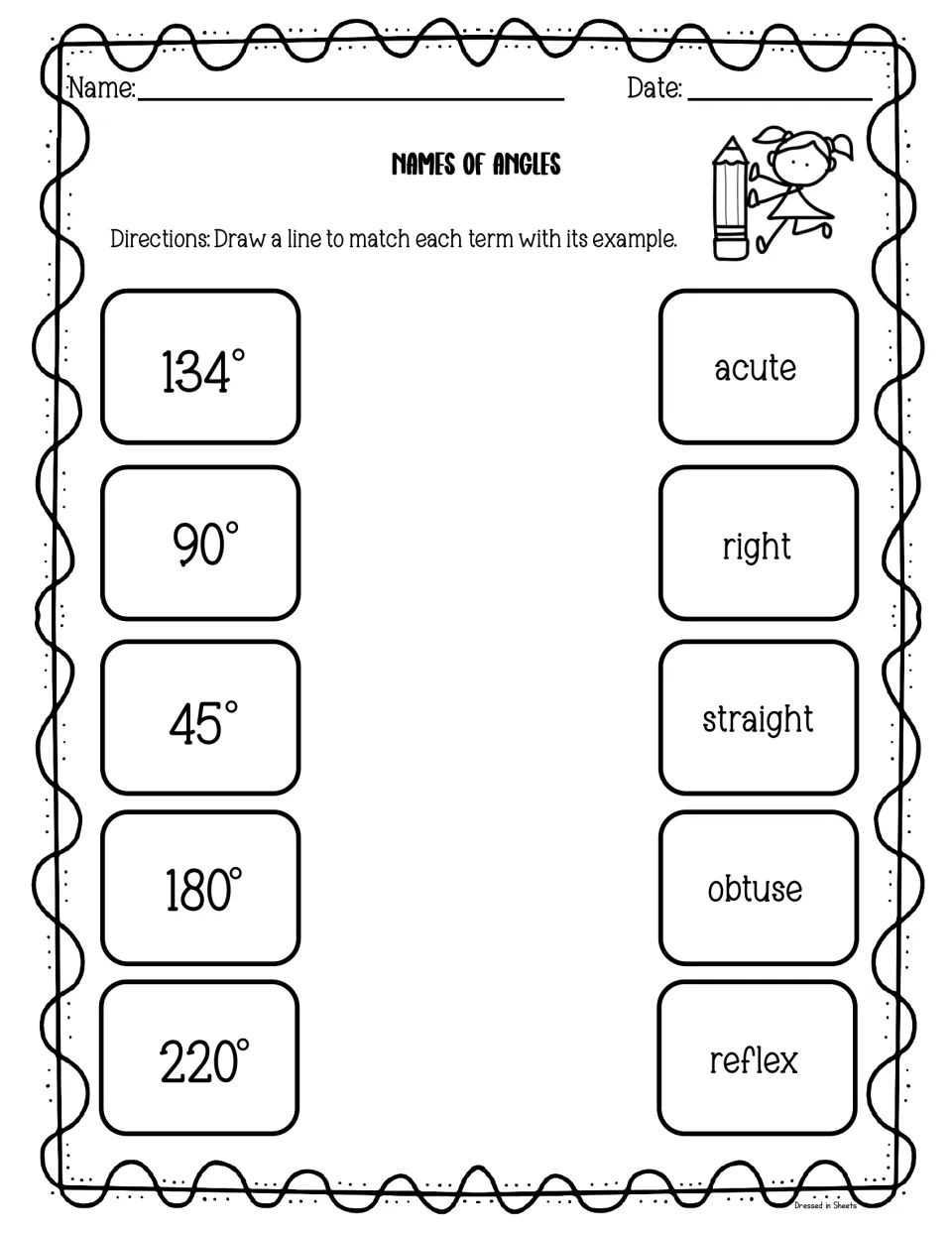 Names of angles: students match 134°, 90°, 45°, 180° and 220° to the terms acute, right, straight, obtuse and reflex