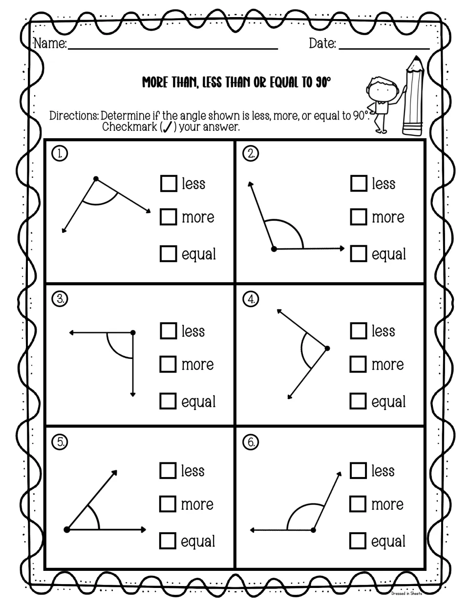 More than, less than or equal to 90°: students tick less, more or equal for six angles to compare each with a right angle