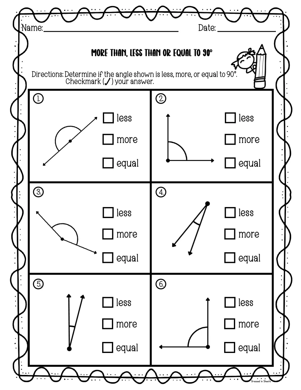 Comparing angles to 90°, second set: students mark less, more or equal for six new angles, including a straight angle