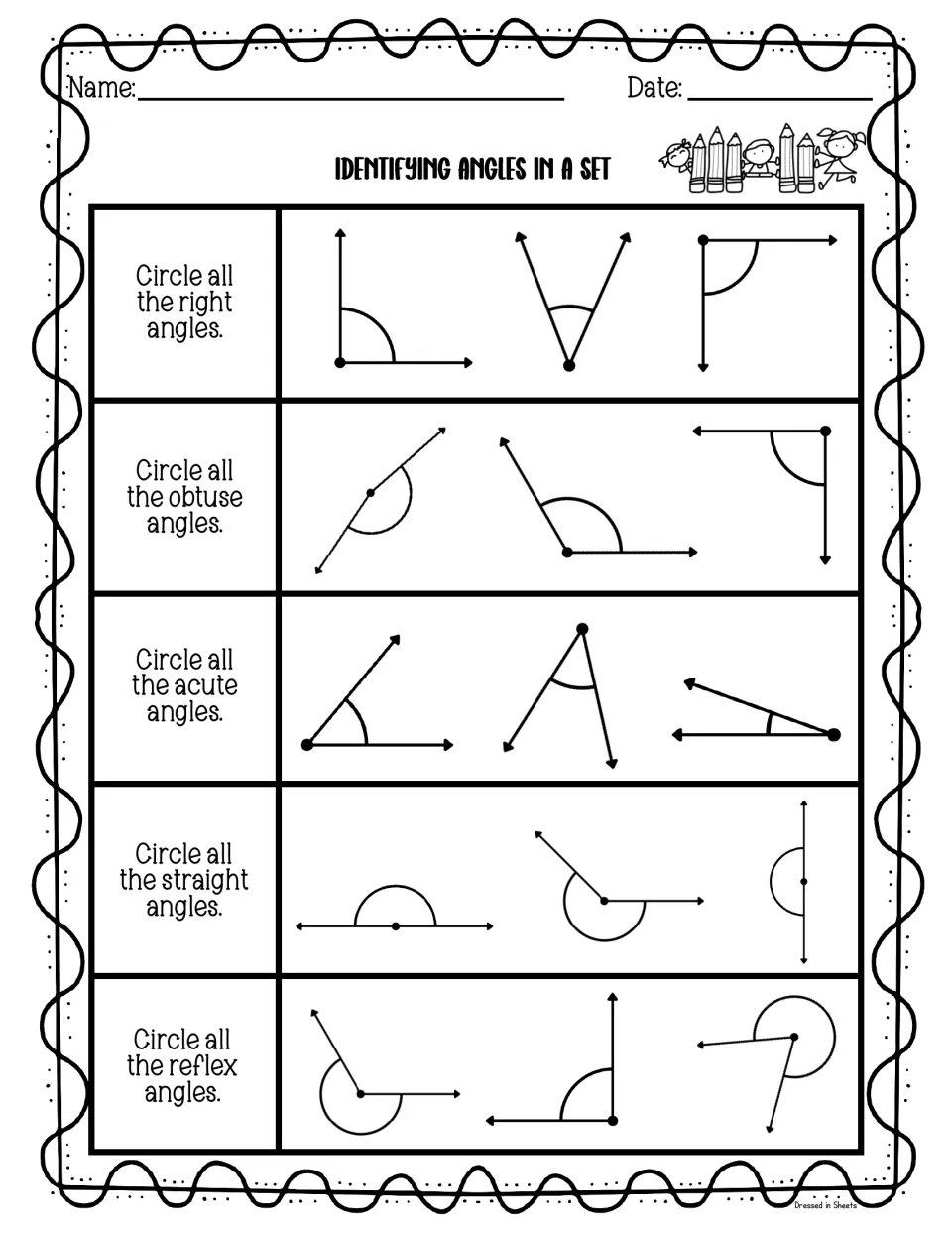 Identifying angles in a set: students circle all the right, obtuse, acute, straight and reflex angles in rows of three