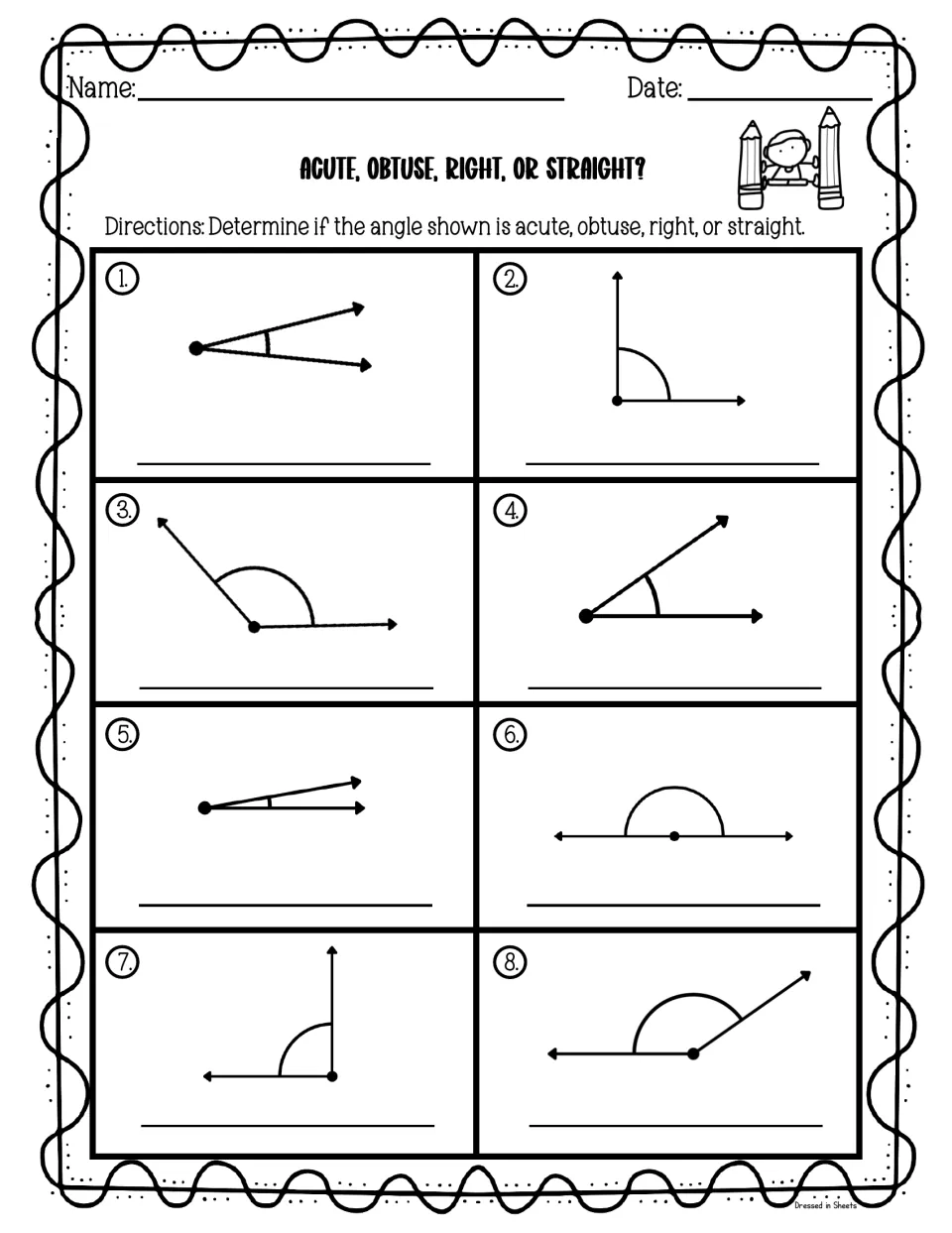 Acute, obtuse, right, or straight?: students classify eight angle drawings and write the angle type on the line under each
