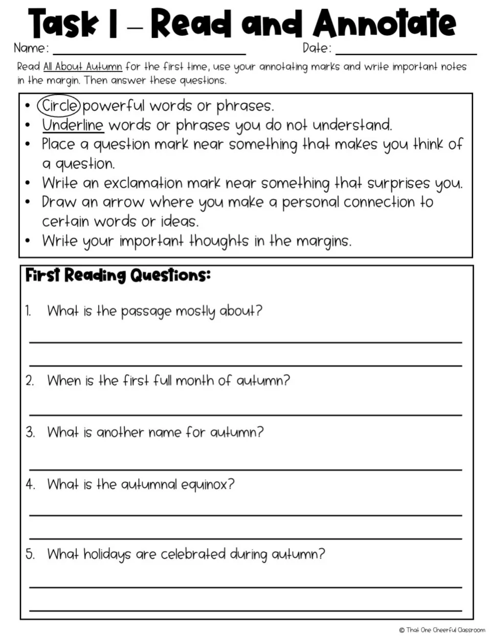 Task 1 pairs annotation reminders with five questions about autumn, its first full month, and the equinox