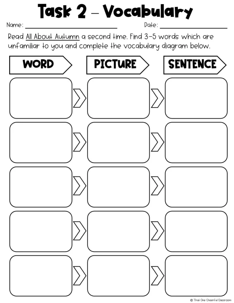 Task 2 asks students to choose three to five unfamiliar passage words, draw pictures, and write sentences