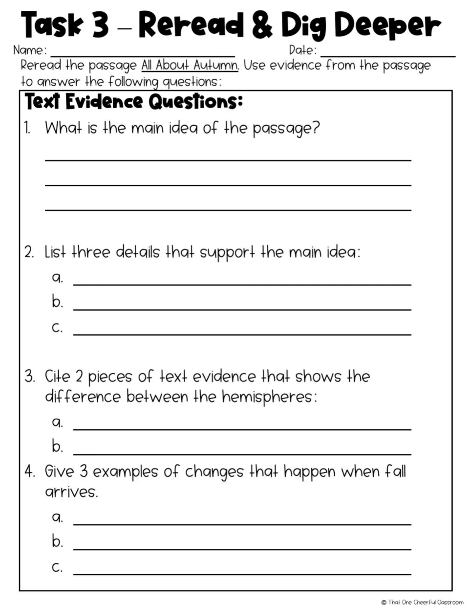 Task 3 asks for the main idea, three supporting details, evidence comparing hemispheres, and fall changes
