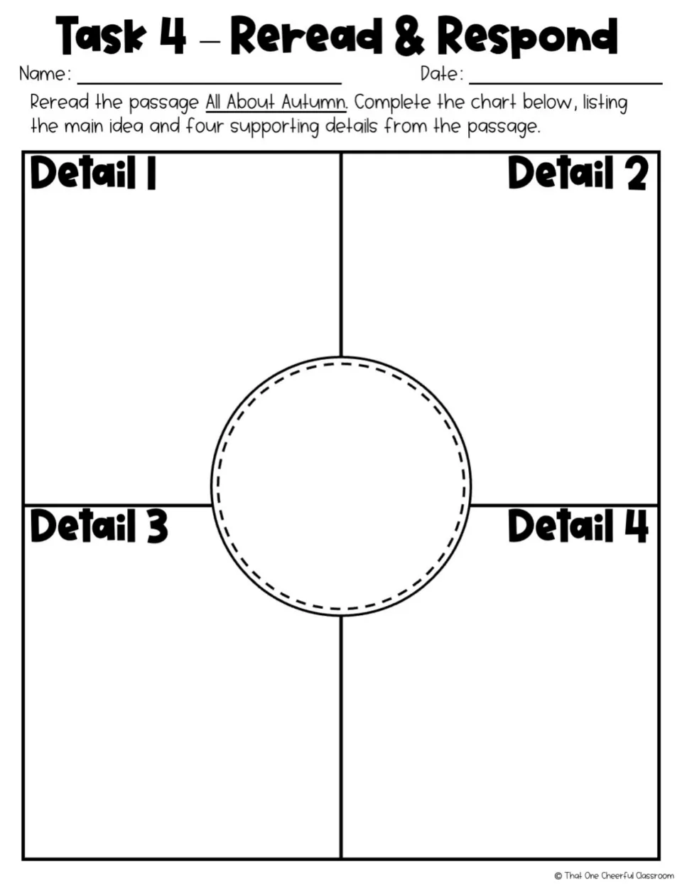Task 4 asks students to reread the autumn passage and record its main idea and four supporting details