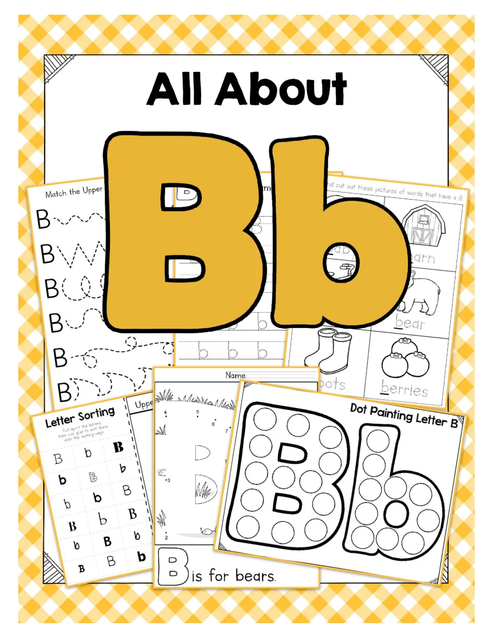 All About Bb cover showing letter B activities: upper/lower matching, letter sorting, B dot painting and B is for bears
