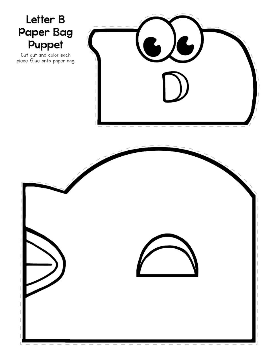 Letter B Paper Bag Puppet: students color and cut out the head and body pieces of a lowercase b, then glue them to a bag