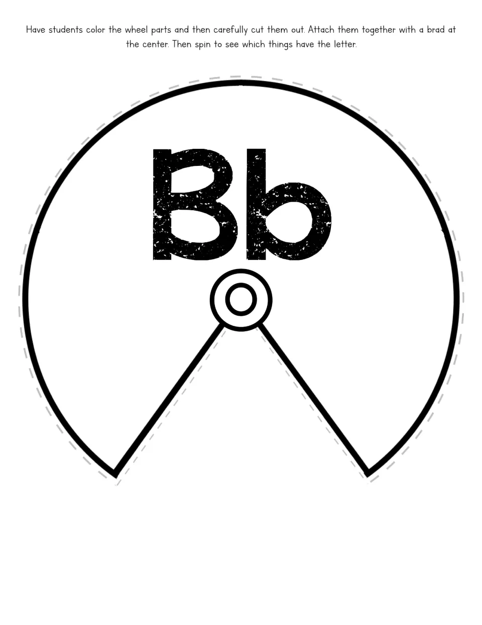 Letter B spinner top: students color and cut out the Bb wheel cover with an open window, joined by a brad at the center