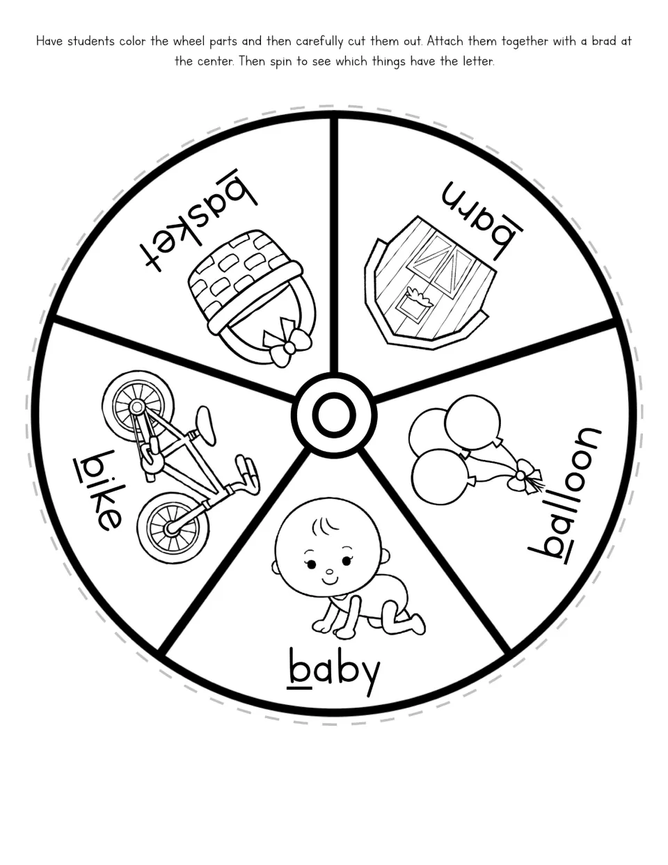 Letter B picture wheel: students color and cut out a wheel of basket, barn, balloon, baby and bike, each with b underlined