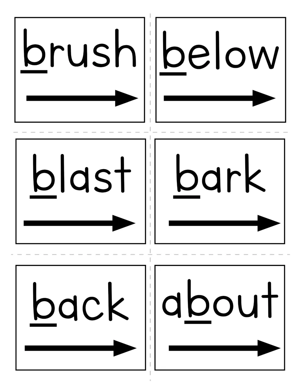 Letter b word cards: brush, below, blast, bark, back and about, each with the b underlined above an arrow for reading