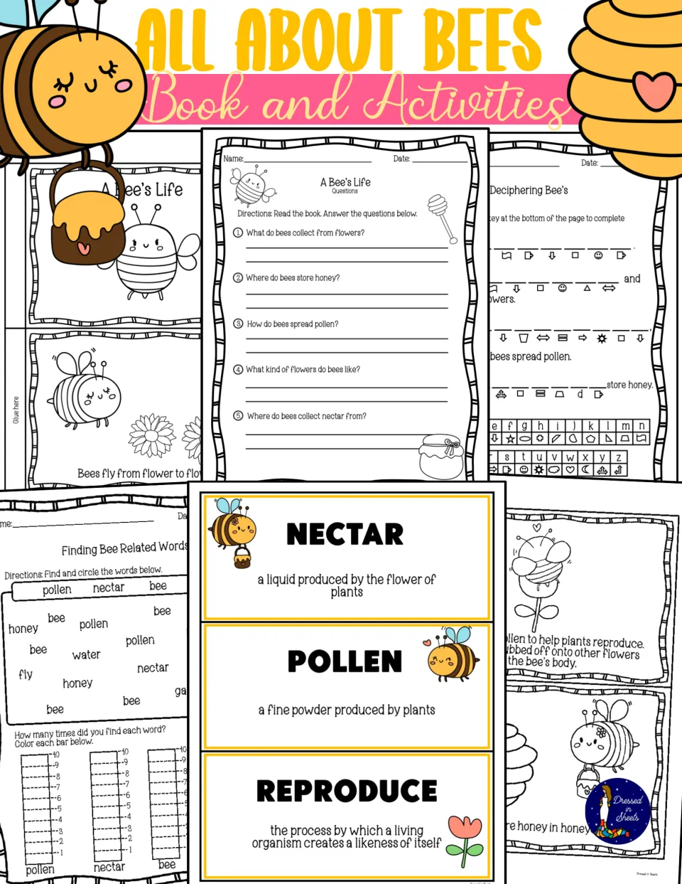 All About Bees Book and Activities cover showing the mini book, bee questions, a code puzzle, word hunt and vocab cards
