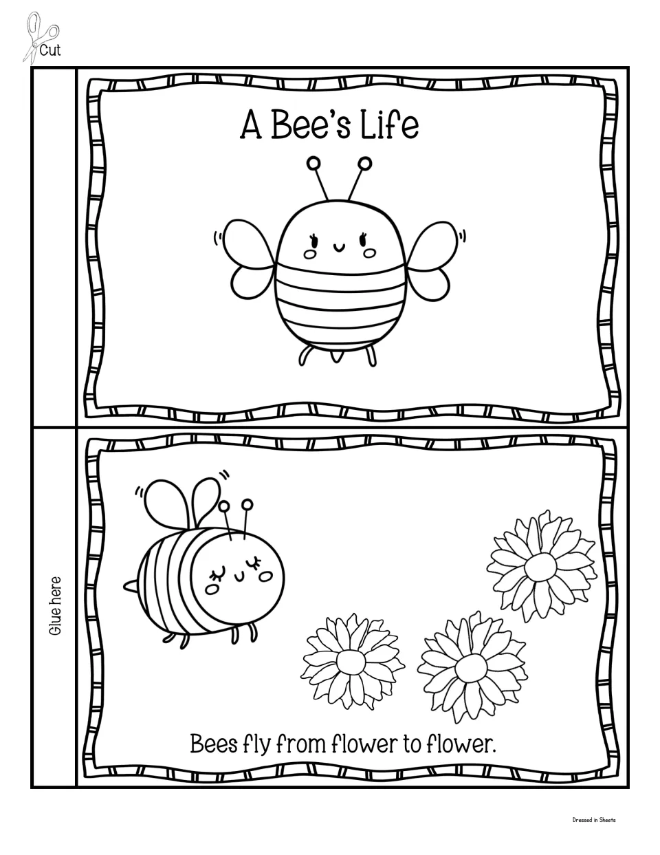 A Bee's Life mini book cut-out piece: title page with a bee and a page reading 'Bees fly from flower to flower.'
