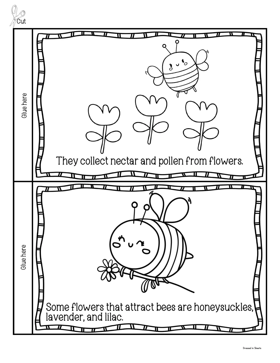 Mini book cut-out piece: bees collect nectar and pollen; flowers that attract bees are honeysuckles, lavender and lilac
