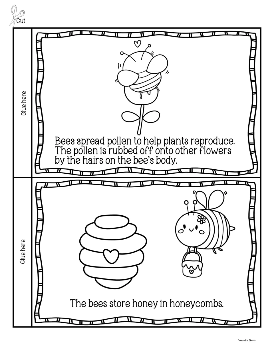 Mini book cut-out piece: bees spread pollen on their body hairs to help plants reproduce and store honey in honeycombs